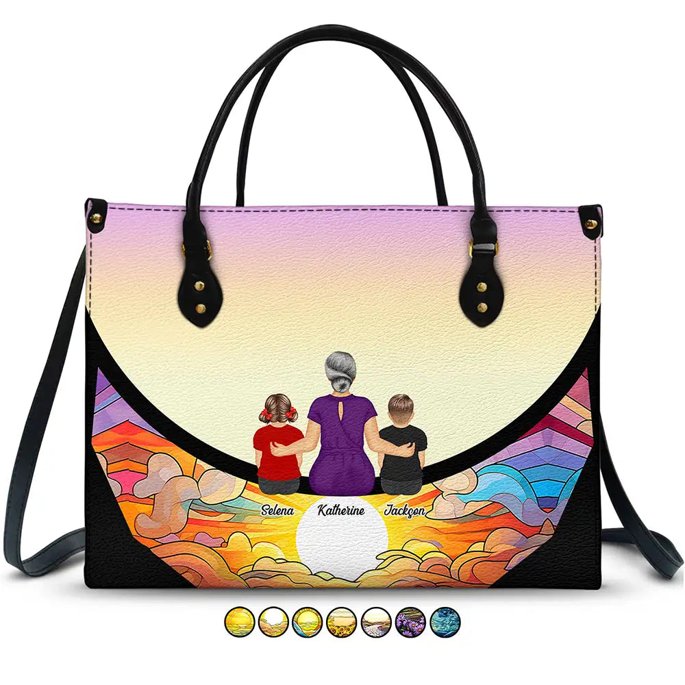 "Grandma and Grandkids, Together on the Moon" - Personalized Leather Bag - A Meaningful Gift for Grandma and Mom Leather Bag PopCulturePrints