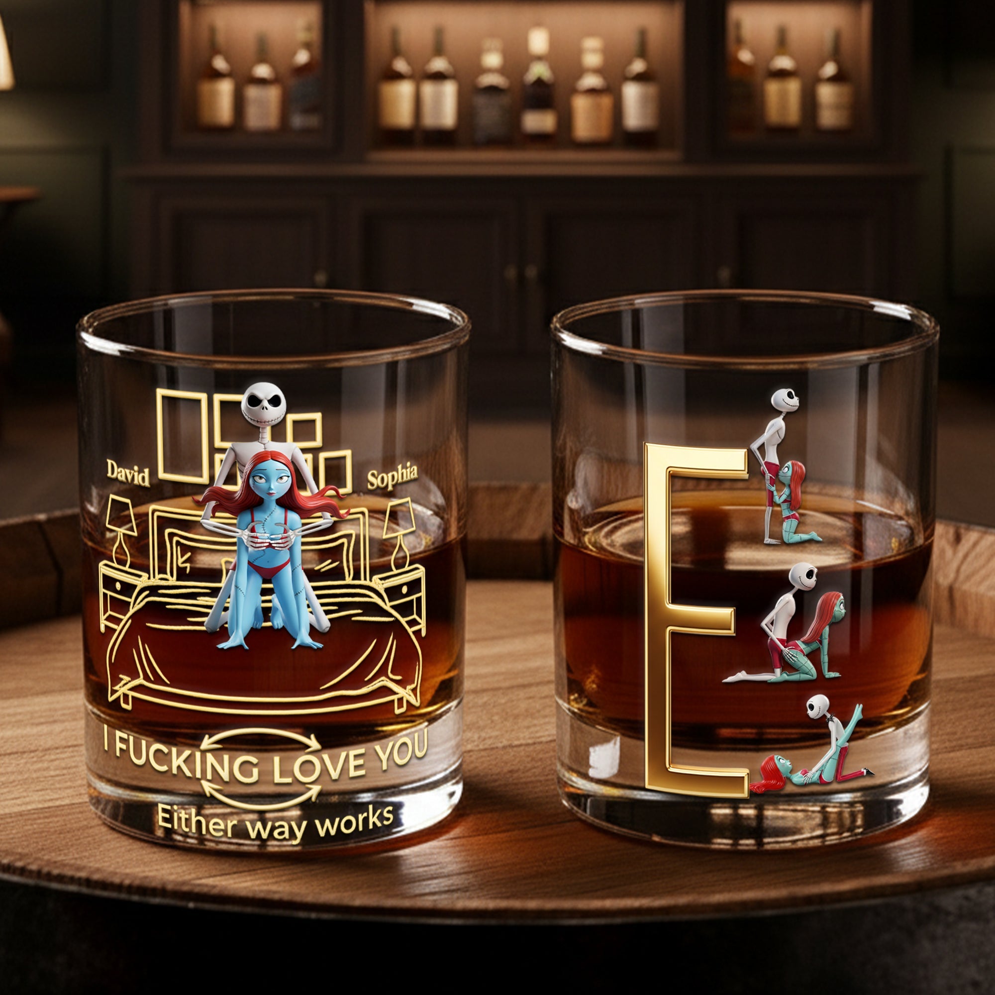 "Together in Sips, Forever in Love" - Playful Skeleton Couple Round Glass - Custom Personalized Gift for Couples Glass PopCulturePrints