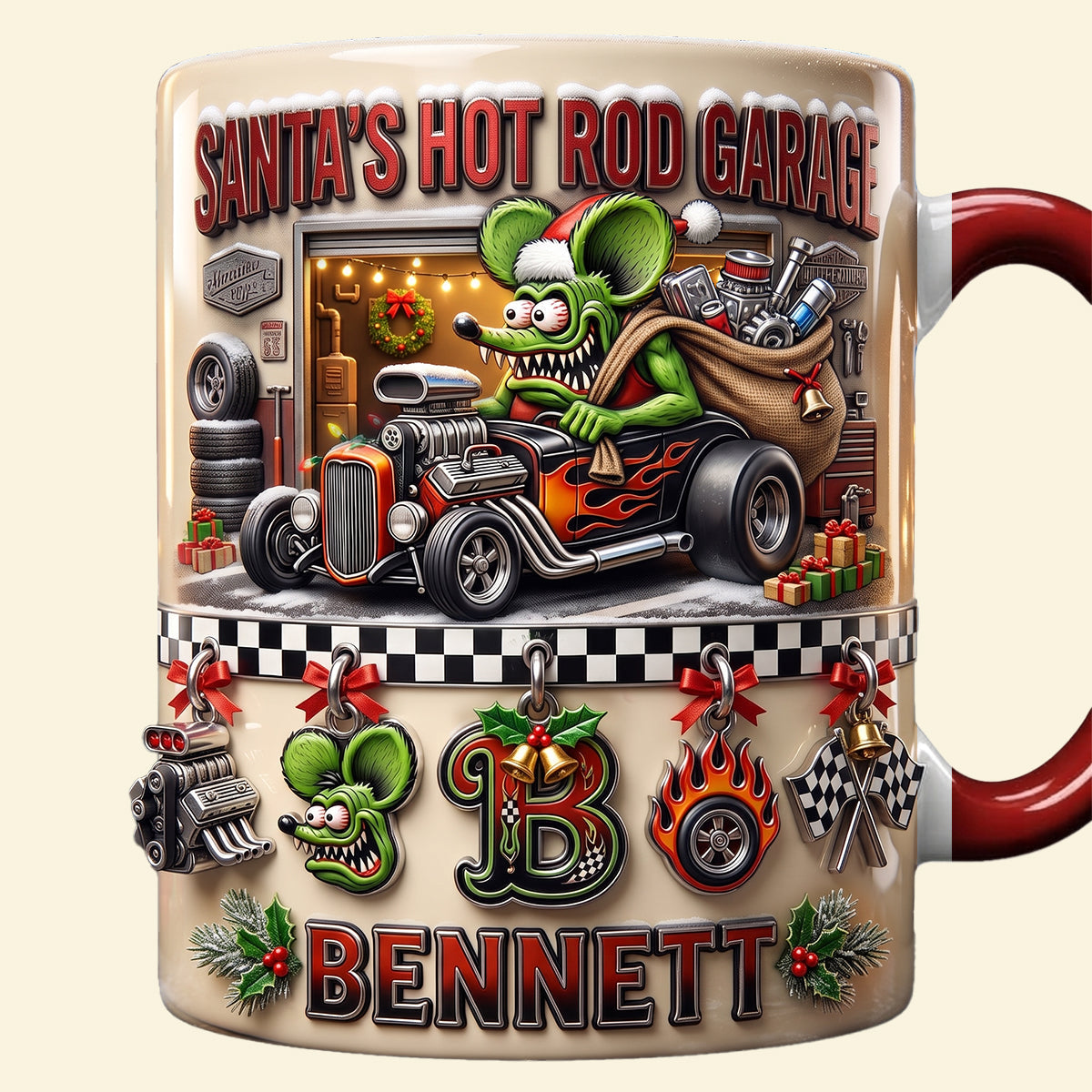“Rev Up Your Spirit!” - Cute Alphabet Christmas Fun Rat Fink Accent Mug - Personalized Gift for Hot Rod Lovers