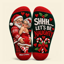 Load image into Gallery viewer, “Shhh... Let's Be Naughty” - Personalized Old Naughty Santa Couples Middle Tube Socks - Perfect Christmas Gifts for Couples!
