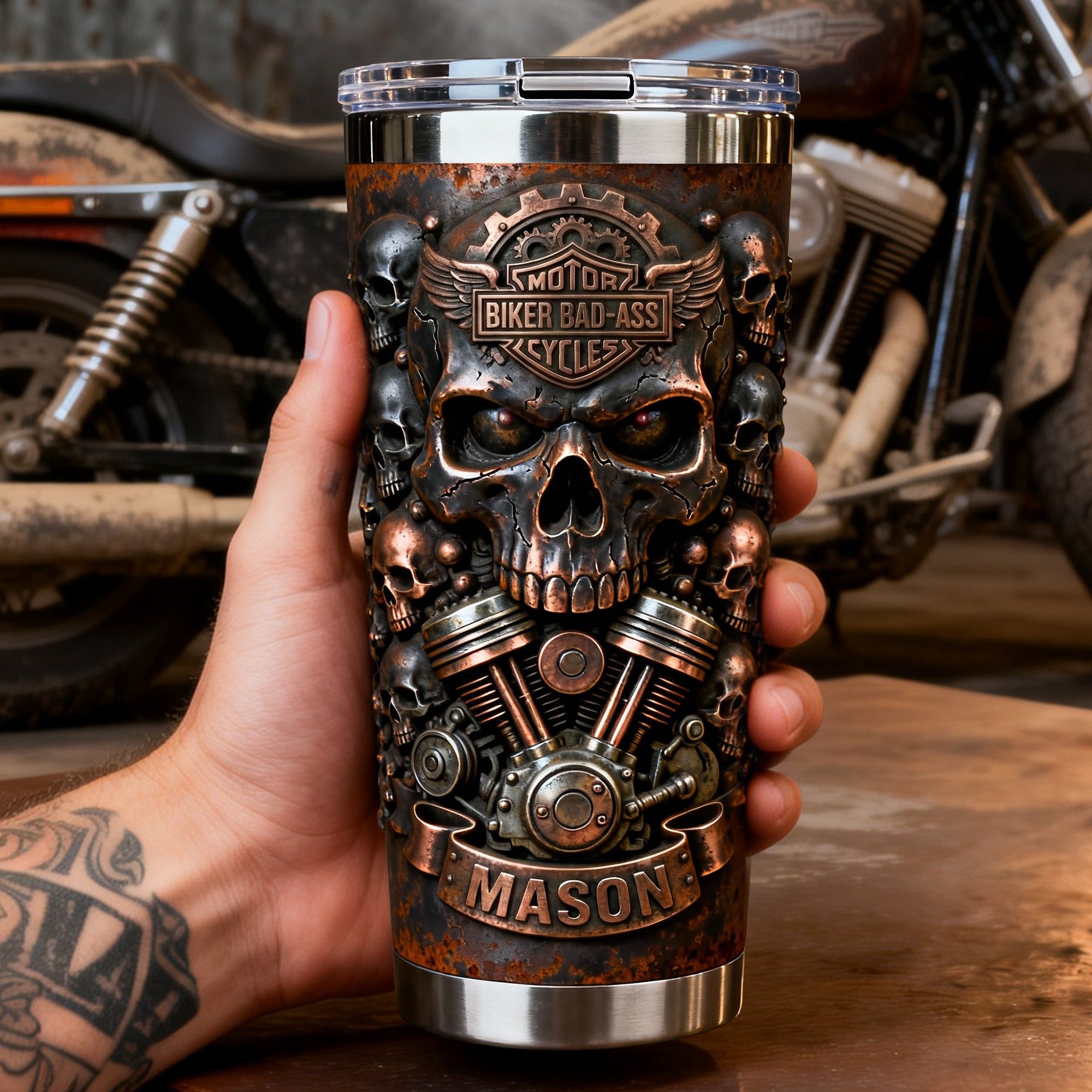 Ride with Attitude: Fierce Skull Motorcycle Tumbler - Personalized Gift for Bikers Tumbler Cup PopCulturePrints