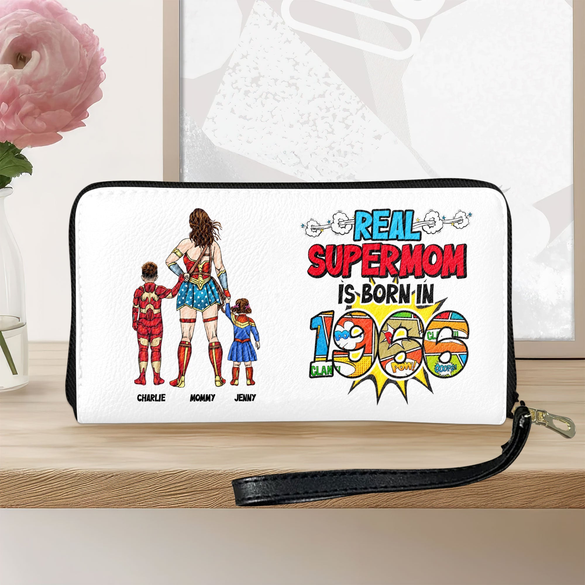 "Real Supermom is Born in 1966" - Personalized Faux Leather Wallet - Gift for Mom & Grandma Leather Wallet PopCulturePrints