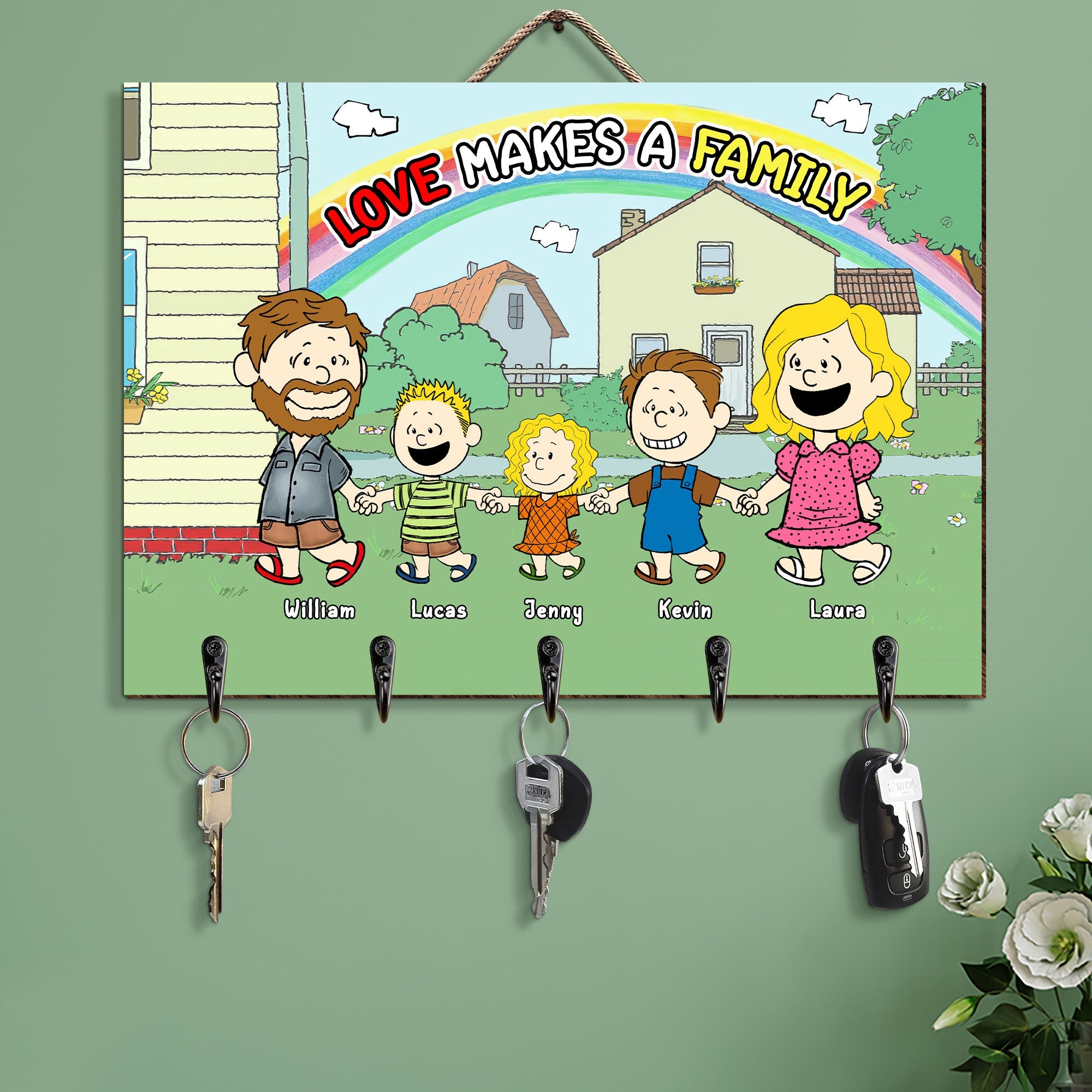 Personalized Family Key Hanger - Custom Cartoon Design with Names