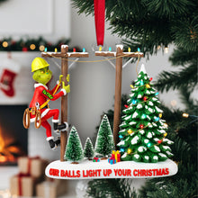 Load image into Gallery viewer, &quot;How the Lineman Lit Christmas&quot; - Personalized Acrylic Ornament - Unique Gift for Linemen, Electricians, and Christmas Lovers Ornament PopCulturePrints
