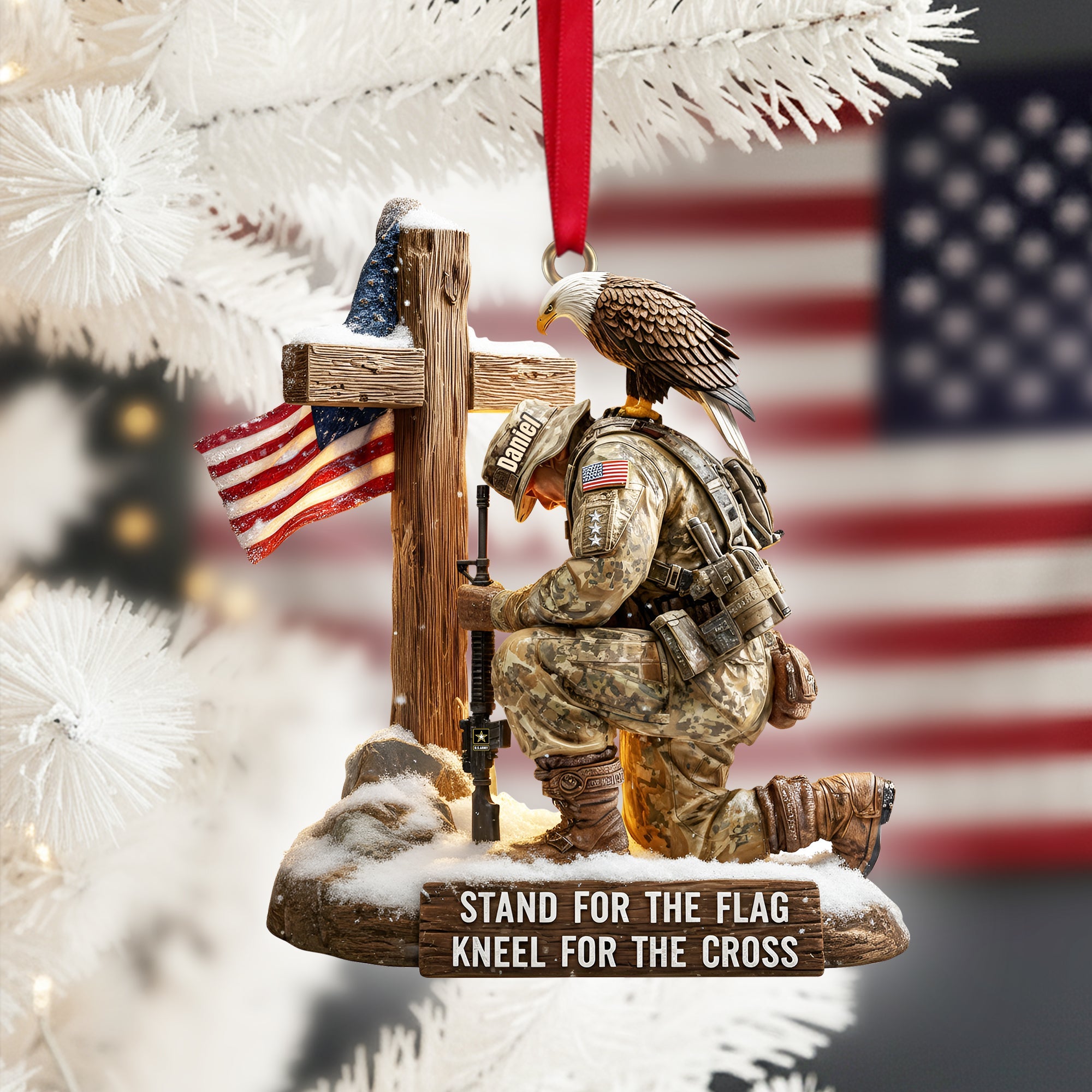 Stand for the Flag, Kneel for the Cross - Faithful Warrior Christmas Ornament - Personalized Gift for Veterans Ornament PopCulturePrints
