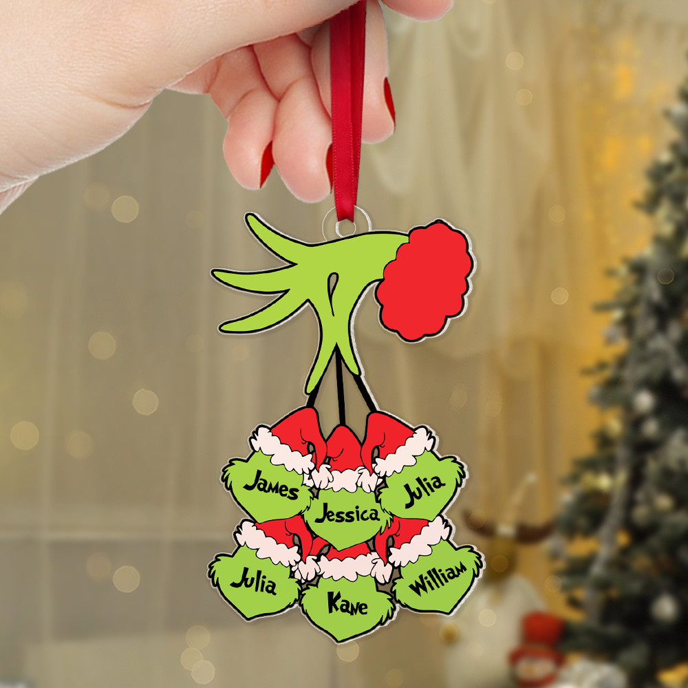 Personalized Christmas Ornament with Family Names - Grinch Hand Design