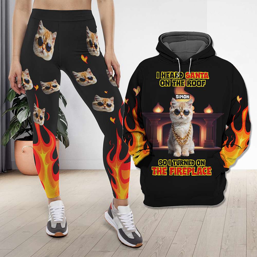 Custom Pet Lover 3D Shirt & Leggings Set - Cozy Fireplace Cat Theme