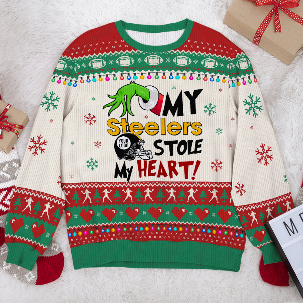 Personalized American Football Fan Ugly Sweater - Heart Stealer Design