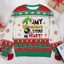 Load image into Gallery viewer, Personalized American Football Fan Ugly Sweater - Heart Stealer Design
