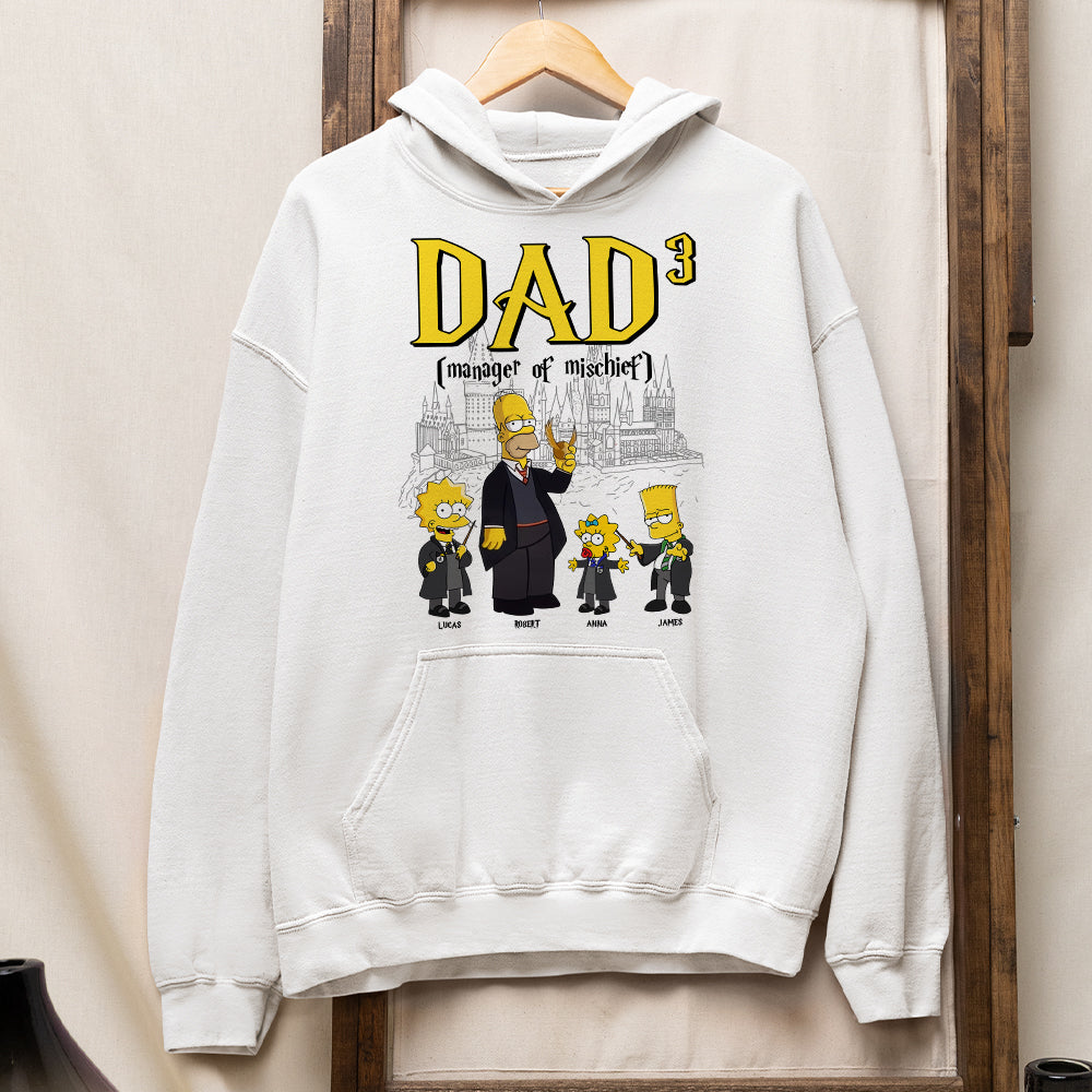 Personalized Dad T-Shirt: Manager of Mischief - Simpson Family Hogwarts Edition