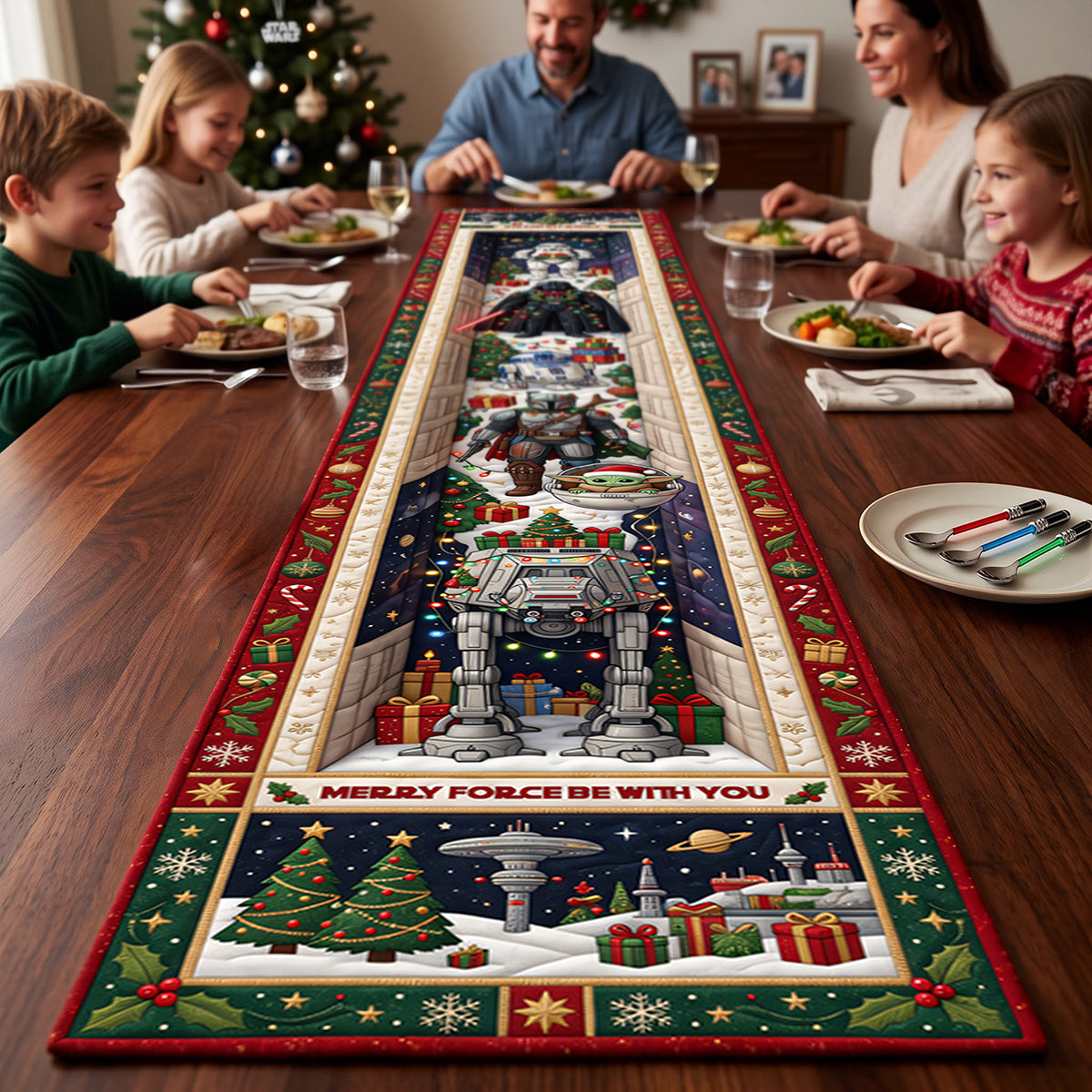 "Celebrate the Holidays with Family Fun!" - Personalized Quilted Table Runner - Custom Gift for Star Wars Fans and Holiday Hosts