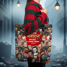 Load image into Gallery viewer, “I Like Horror Movies &amp; Maybe 3 People” - Personalized Horror Characters Tote Bag for Movie Fans Tote Bags PopCulturePrints

