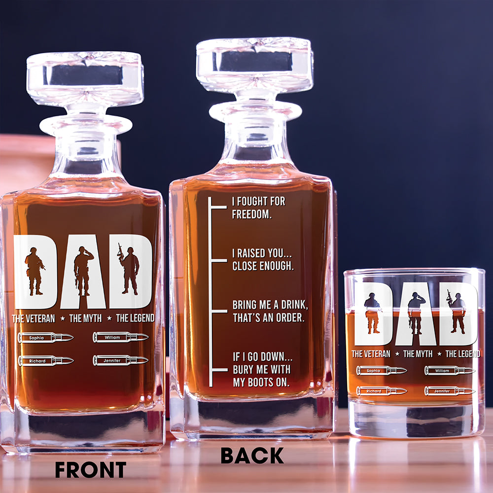 "The Veteran, The Myth, The Legend" - Personalized Whiskey Decanter Set for Dad Whiskey Bottle PopCulturePrints