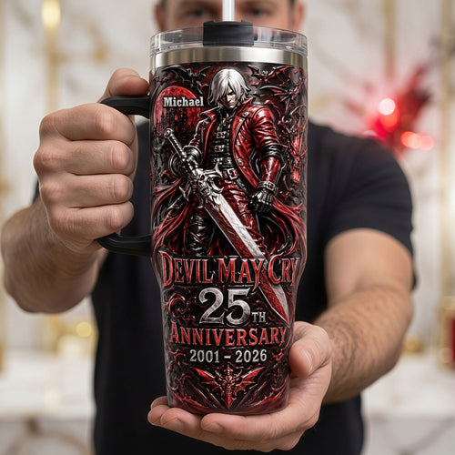 Celebrate 25 Years of Adventure - Evil Hunt 40oz Tumbler With Handle - Personalized Gifts for Gamers Tumbler Cup PopCulturePrints