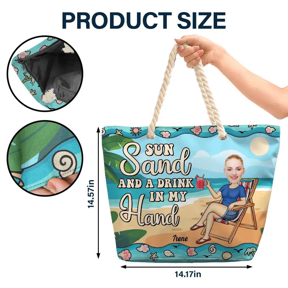 Sun, Sand, and a Drink in My Hand - Personalized Beach Bag Beach Bag PopCulturePrints