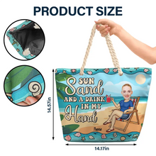 Load image into Gallery viewer, Sun, Sand, and a Drink in My Hand - Personalized Beach Bag Beach Bag PopCulturePrints
