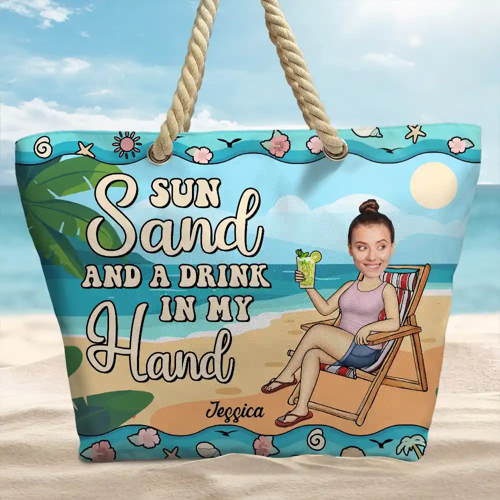 Sun, Sand, and a Drink in My Hand - Personalized Beach Bag Beach Bag PopCulturePrints