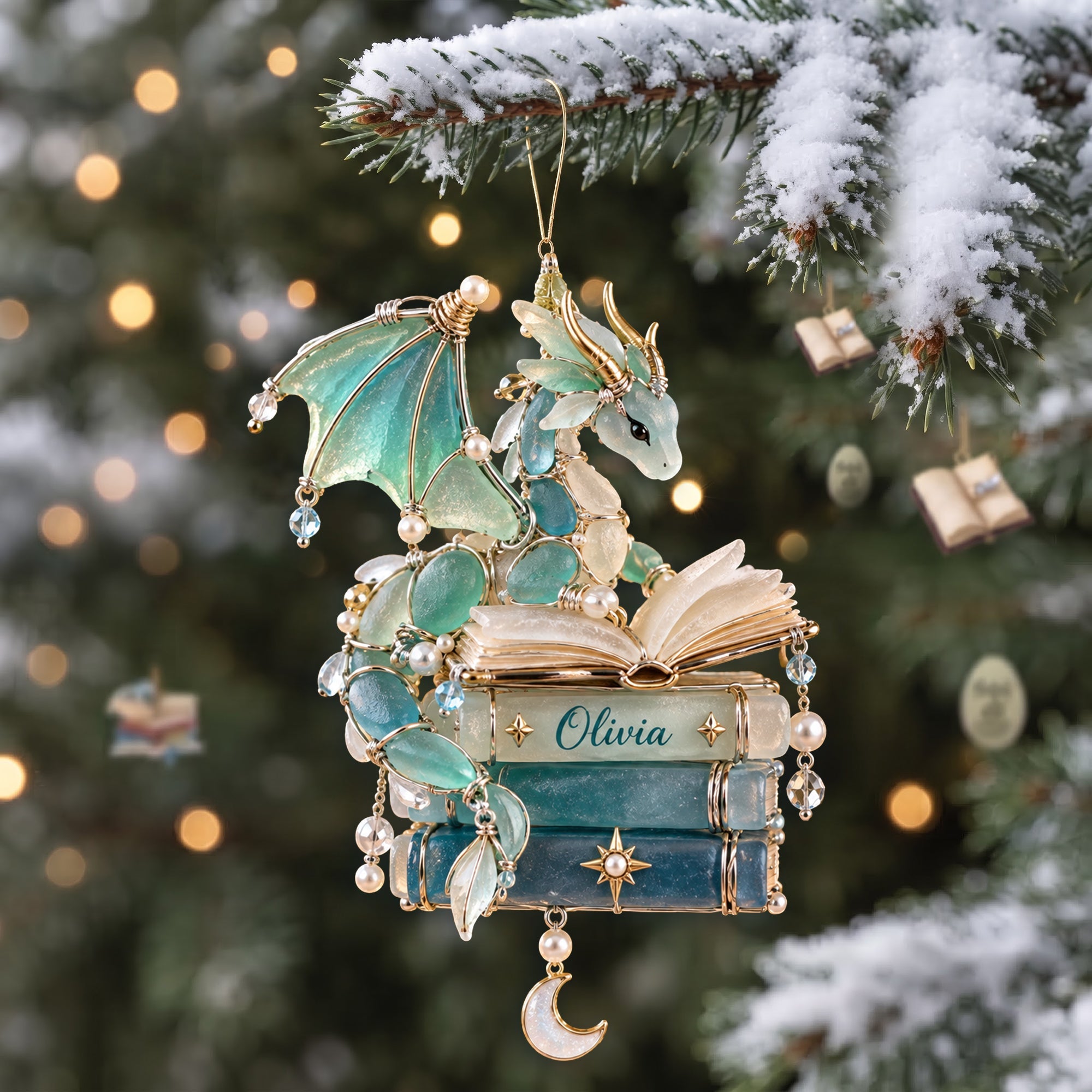 “Ignite Your Imagination” - Book Dragon Sea Glass Acrylic Ornament - Personalized Gift for Book Lovers