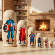Load image into Gallery viewer, “Celebrate Family Love” - Power Family Wooden Nesting Dolls - Personalized Mother's Day Gifts Wooden Nesting Dolls PopCulturePrints
