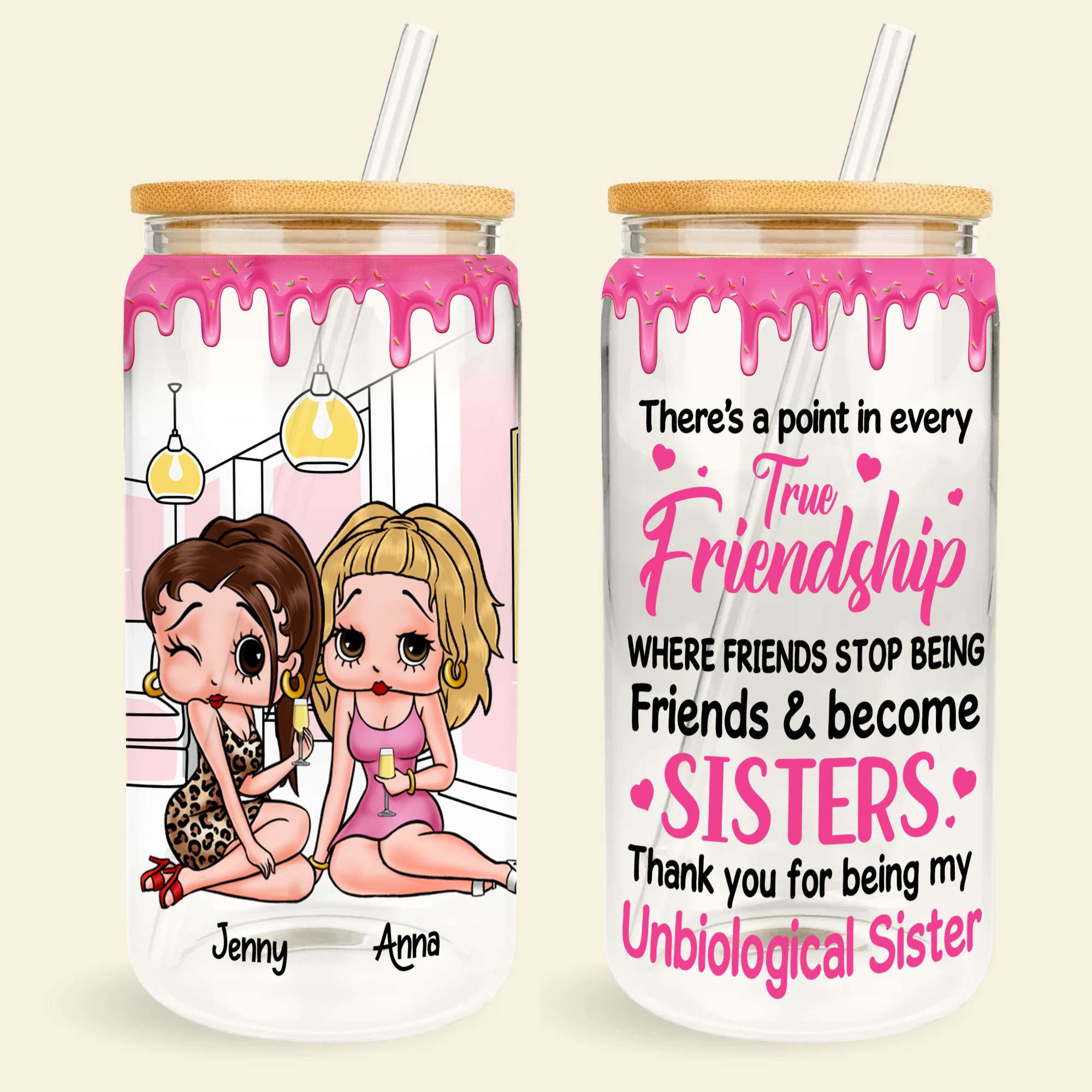 Personalized Friendship Glass Can - Unbiological Sister Gift Glass Can PopCulturePrints