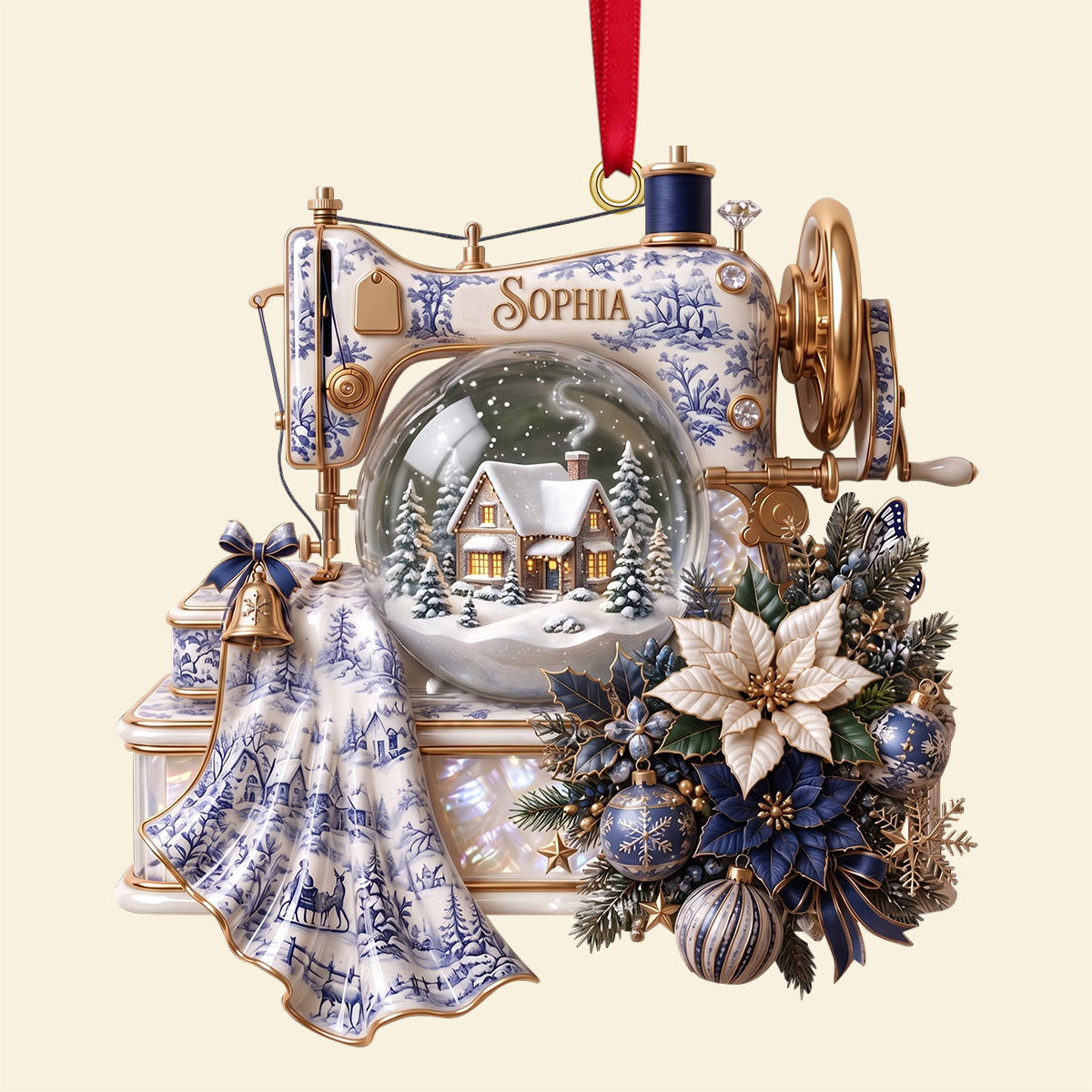Embrace the Holidays with a Touch of Elegance - Personalized Toile de Jouy Christmas Sewing Ornament