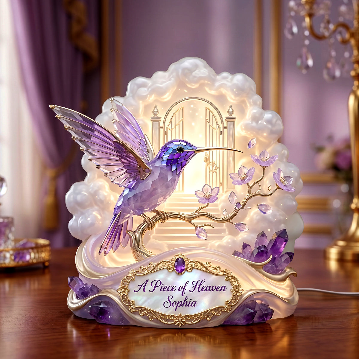 A Piece of Heaven - Personalized Memorial Hummingbird Acrylic Light Box