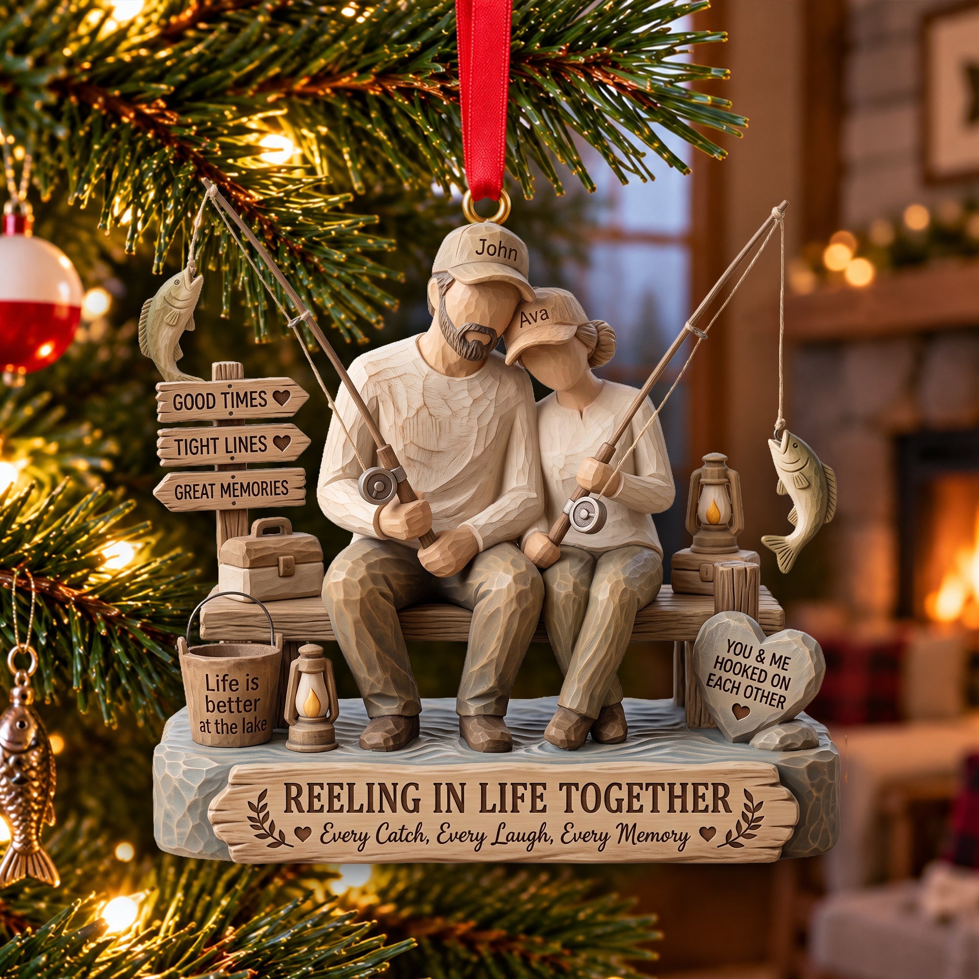 Reeling in Life Together - Personalized Fishing Couple Wood Effect Ornament
