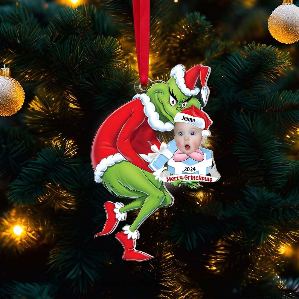 Personalized Baby Face Christmas Ornament with Grinch Design - Custom Photo Gift, 2024