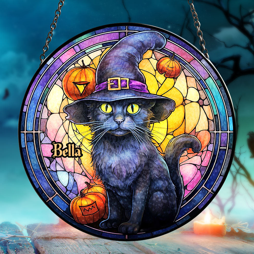 Personalized Black Cat Witch Stained Glass Suncatcher