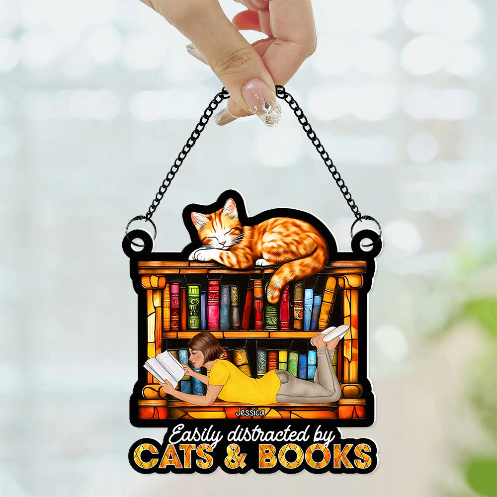 Personalized Suncatcher Ornament for Book Lovers - Easily Distracted by Cats & Books Ornament PopCulturePrints