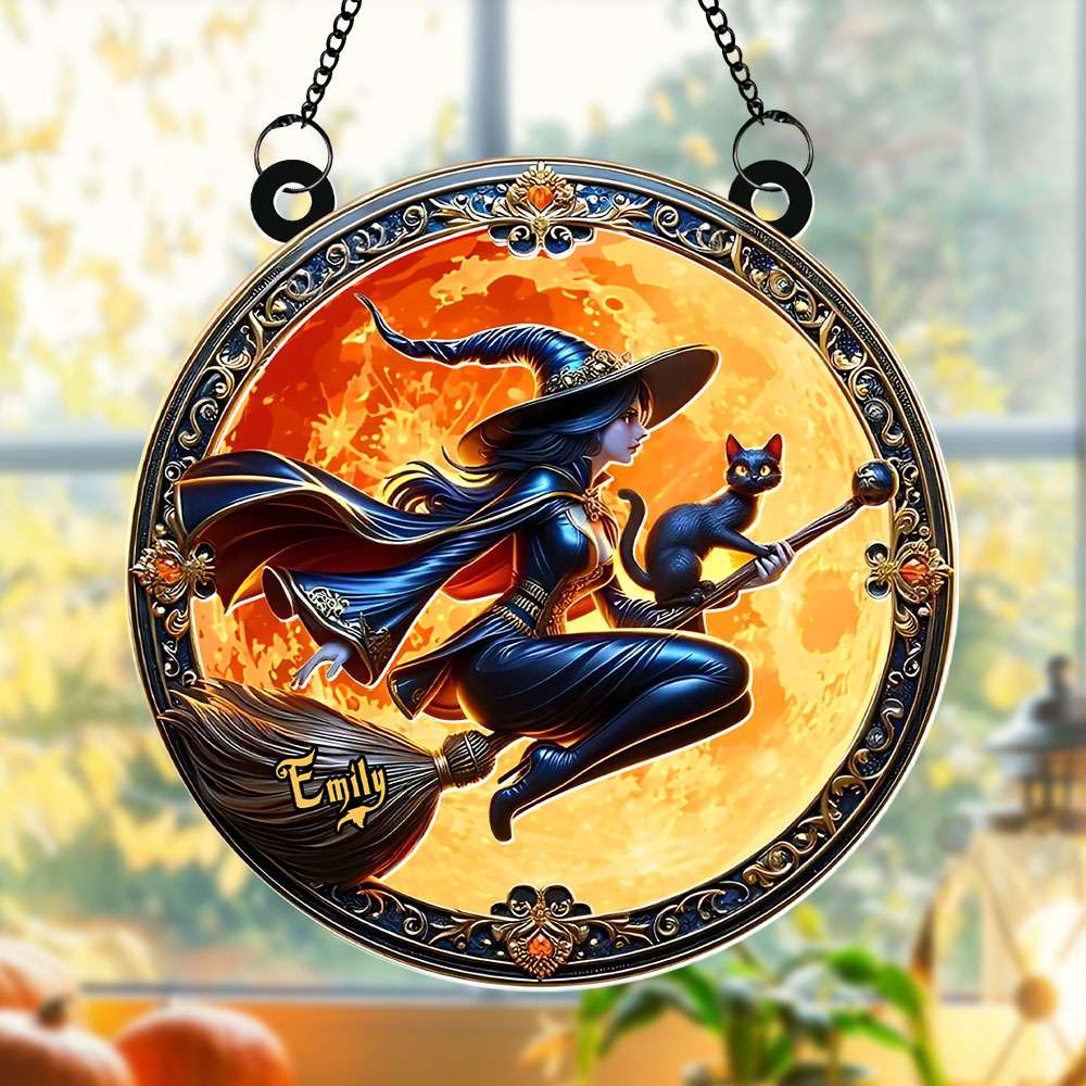 Personalized 3D Halloween Witch Sun Catcher - Round Shaped Home Decor