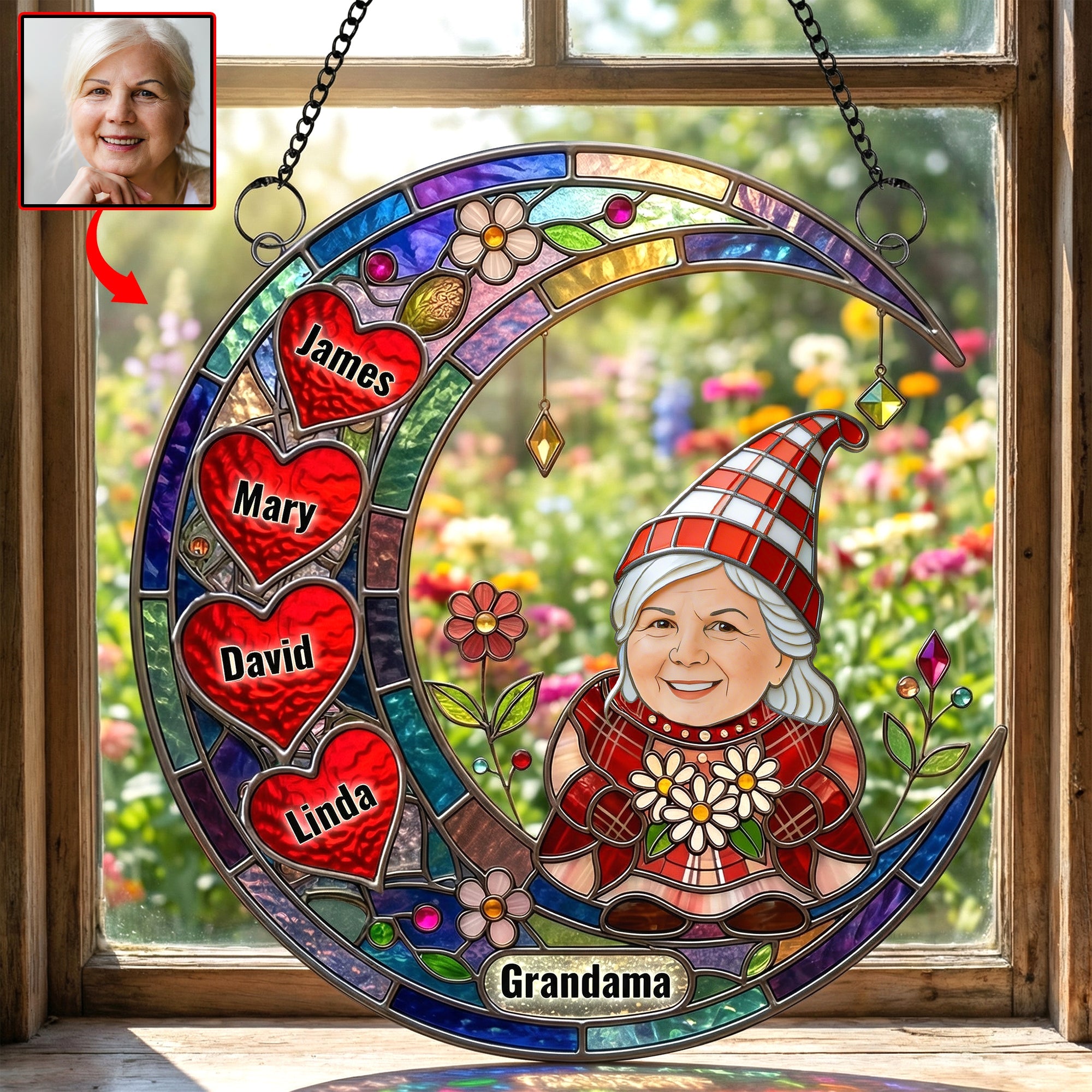 Personalized Grandma Suncatcher Ornament - Custom Photo Gnome Gift Ornament PopCulturePrints