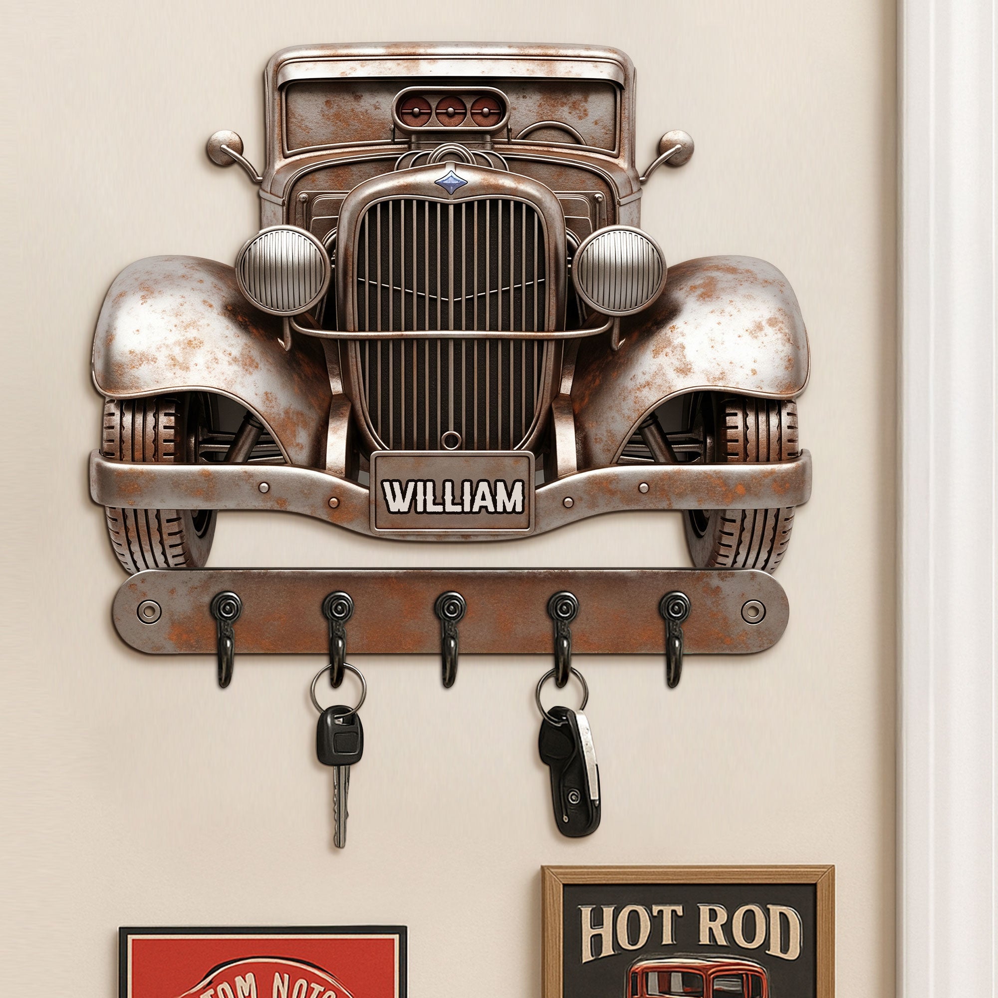 Rev Up Your Space: Personalized Hot Rod Key Hanger - Perfect Gift for Car Enthusiasts Wood Sign PopCulturePrints