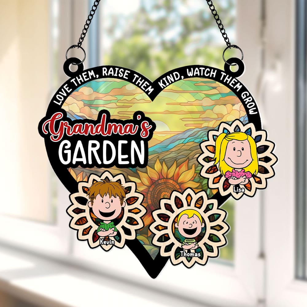 Personalized Grandma's Garden Sunflower Suncatcher - Custom Window Hanging Ornament