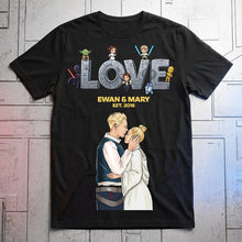 Load image into Gallery viewer, Love Story Unveiled - Personalized Couple T-Shirt for Gamers &amp; Movie Lovers Shirts PopCulturePrints
