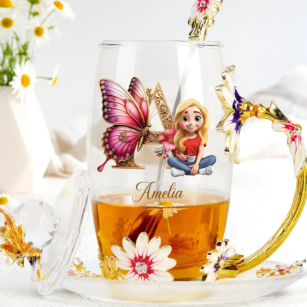 "A Touch of Elegance, Personalized Delight" - Butterfly Monogram With 3D Effect Glass Flower Tea Cup - Perfect Gift for Mom, Grandma, and Loved Ones Glass Flower Tea Cup PopCulturePrints