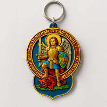 Load image into Gallery viewer, “Defend Us in Battle” - Sacred Warrior St. Michael the Archangel Keychain - Personalized Gift for Friends &amp; Loved Ones Keychains PopCulturePrints
