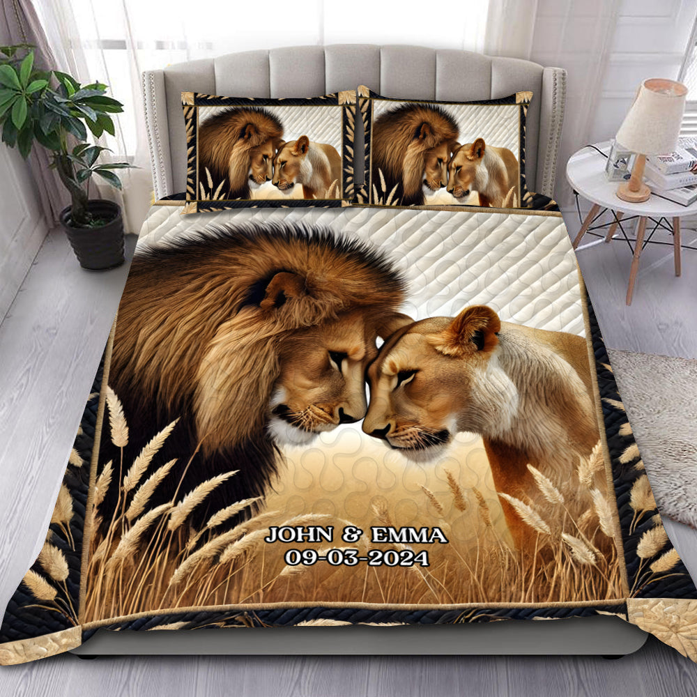 Personalized Lion Couple Quilt Bed Set | Romantic King & Queen Design Blanket PopCulturePrints