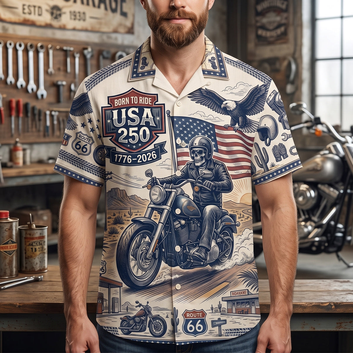 "Born to Ride in Style!" - 250 USA Biker Hawaiian Shirt - Personalized Gifts for Riders, Friends, and Family