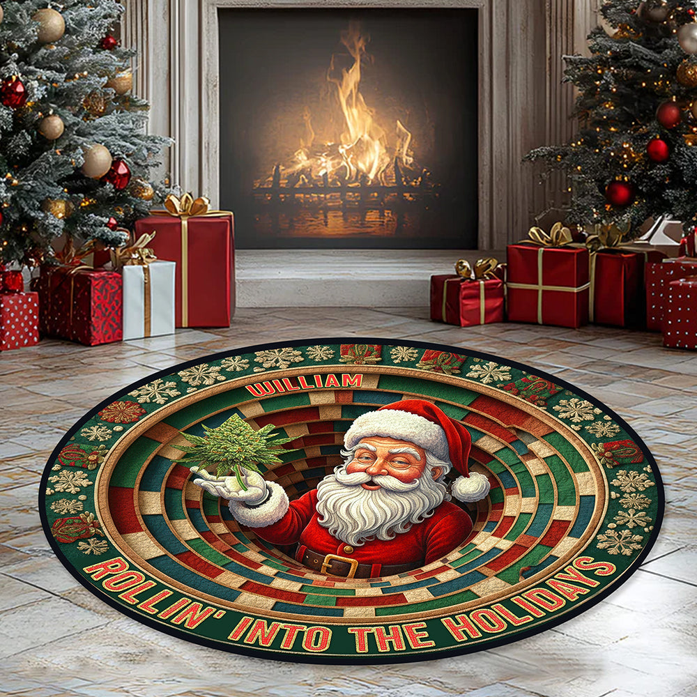 “Rollin’ Into The Holidays” – Personalized Chill Santa Round Rug – Perfect Gift for Family and Friends Doormat PopCulturePrints