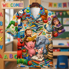 Load image into Gallery viewer, “Celebrate Learning with Joy!” - Back to School Book Character Hawaiian Shirt - Personalized Gifts for Teachers
