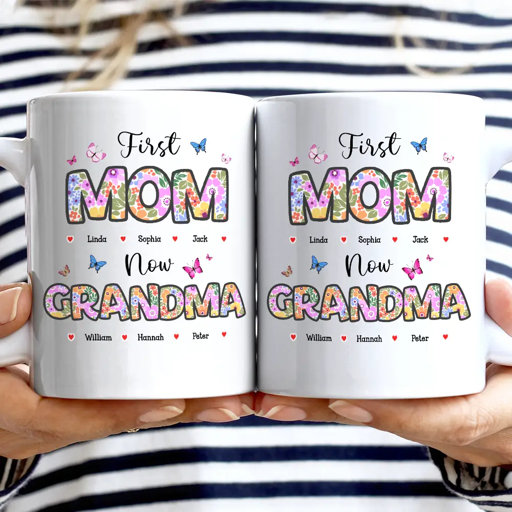 First Mom Now Grandma - Custom Personalized Mug with Butterfly Flower Design Mug PopCulturePrints