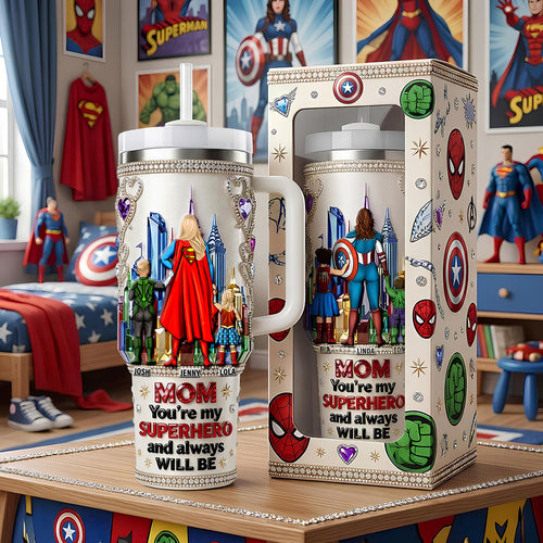 Mom, You're My Superhero - Personalized Brave Mom City Tumbler Handle Tumbler Cup PopCulturePrints