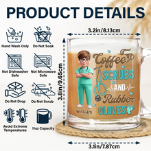 Load image into Gallery viewer, Coffee, Scrubs, and Rubber Gloves - Custom Personalized Glass Mug for Healthcare Heroes Glass Mug PopCulturePrints
