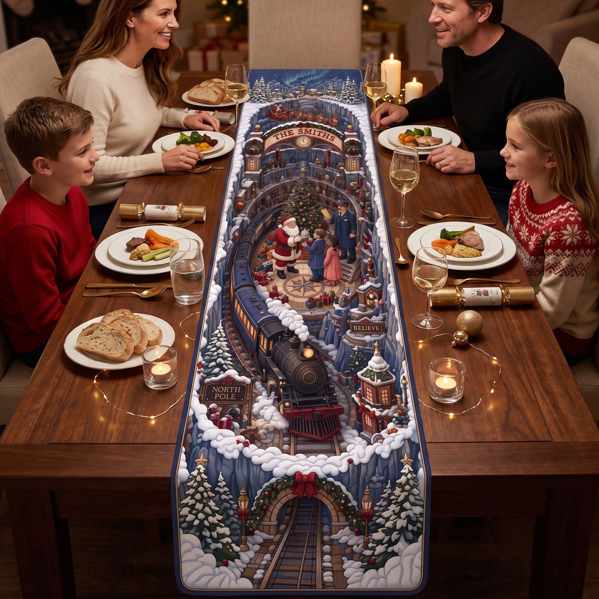 "Celebrate the Season with Joy! - Winter Holiday Train Quilted Table Runner - Personalized Gift for Loved Ones, Family & Friends"