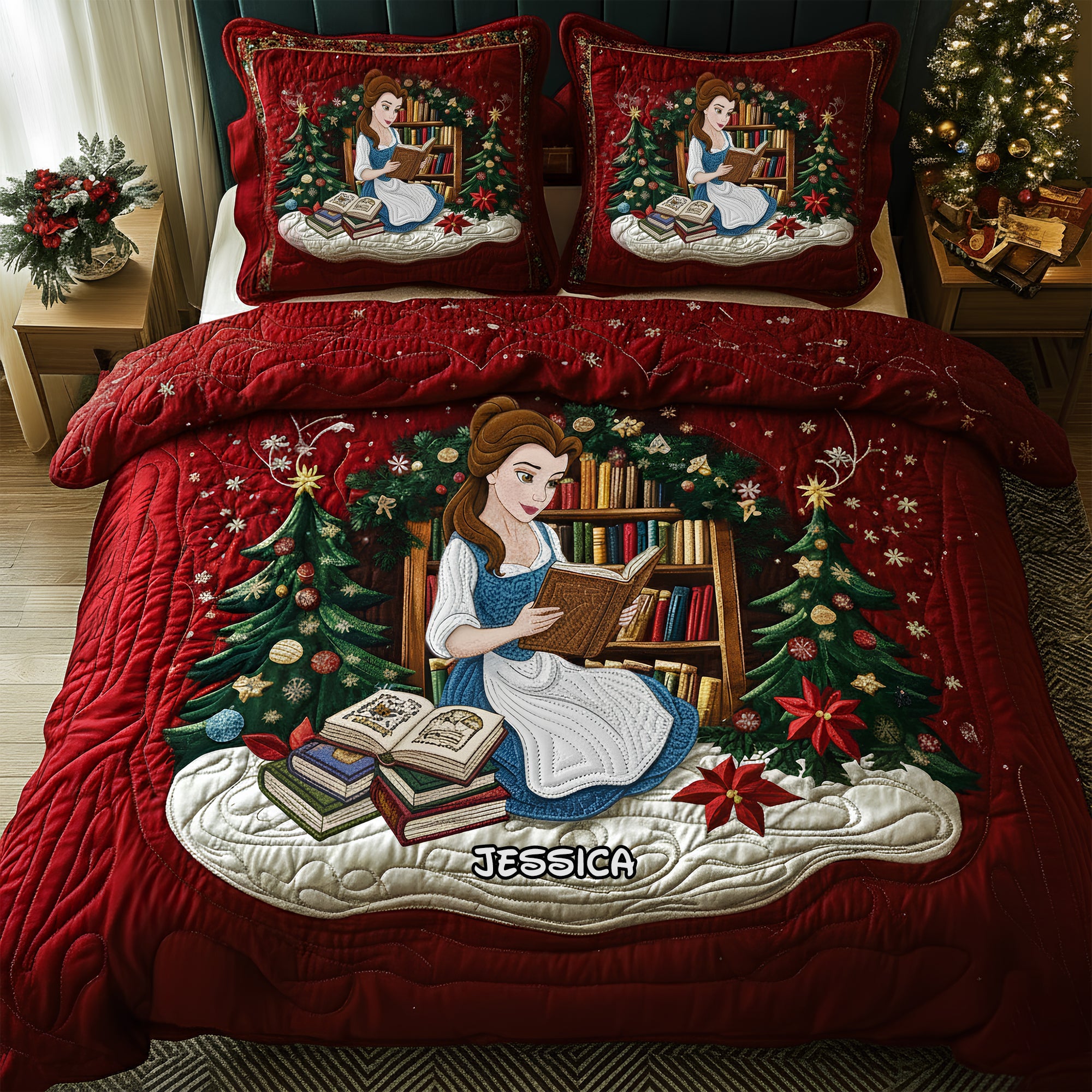 “Escape into a World of Stories” - Holiday Reading Nook Quilt Set - Personalized Christmas Gift for Book Lovers Bedding Set PopCulturePrints