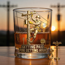 Load image into Gallery viewer, "Getting Paid for Getting High" - Proud Lineman Round Glass - Personalized Gift for Workers Glass PopCulturePrints
