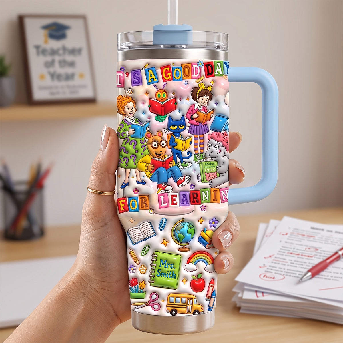 "It's a Good Day for Learning" - Vibrant & Joyful 40oz Tumbler With Handle - Personalized Gift for Teachers, Students, Educators Tumbler Cup PopCulturePrints