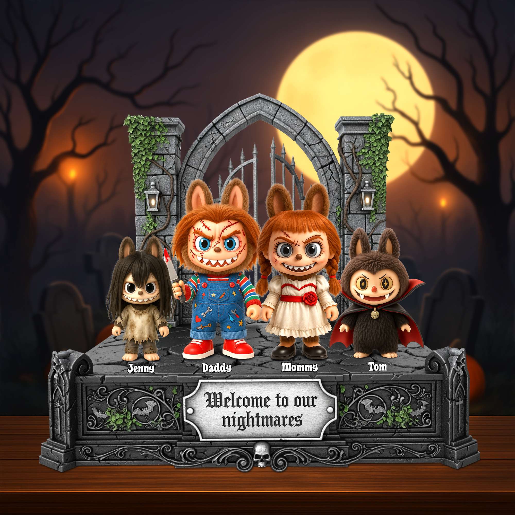 “Welcome to Our Nightmares!” - Creepy Family Halloween Acrylic Plaque - Personalized Gift for Halloween Enthusiasts Shaped Plaques PopCulturePrints