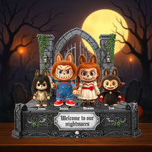 Load image into Gallery viewer, “Welcome to Our Nightmares!” - Creepy Family Halloween Acrylic Plaque - Personalized Gift for Halloween Enthusiasts Shaped Plaques PopCulturePrints
